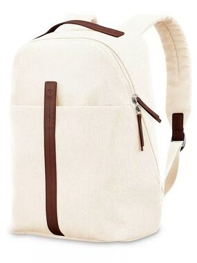 Cream Canvas Backpack with Brown Leather-like Trim - Woman's Travel Carry On